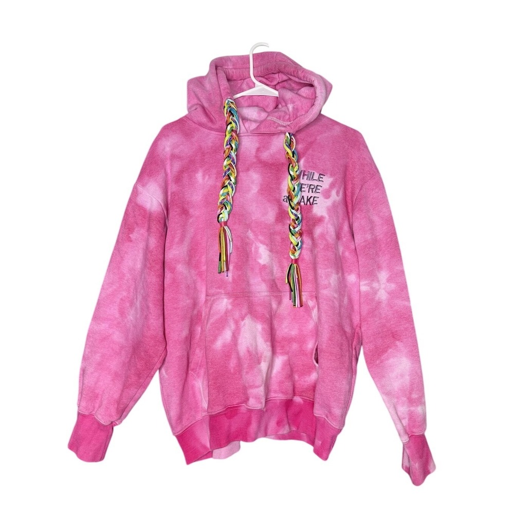 While We're Awake Hoodie Teens S/M Pink Tie Dye Rainbow Braided Cords Graphic